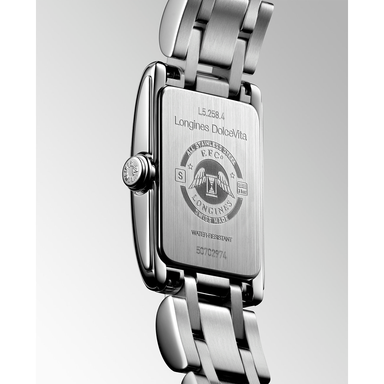 Longines Damenuhr aus Edelstahl mit silberfarbenem Gehäuse und Armband.