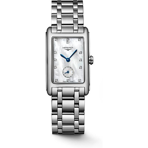 Nahaufnahme einer rechteckigen Longines Damenuhr aus Edelstahl mit Diamanten auf dem Perlmuttzifferblatt.