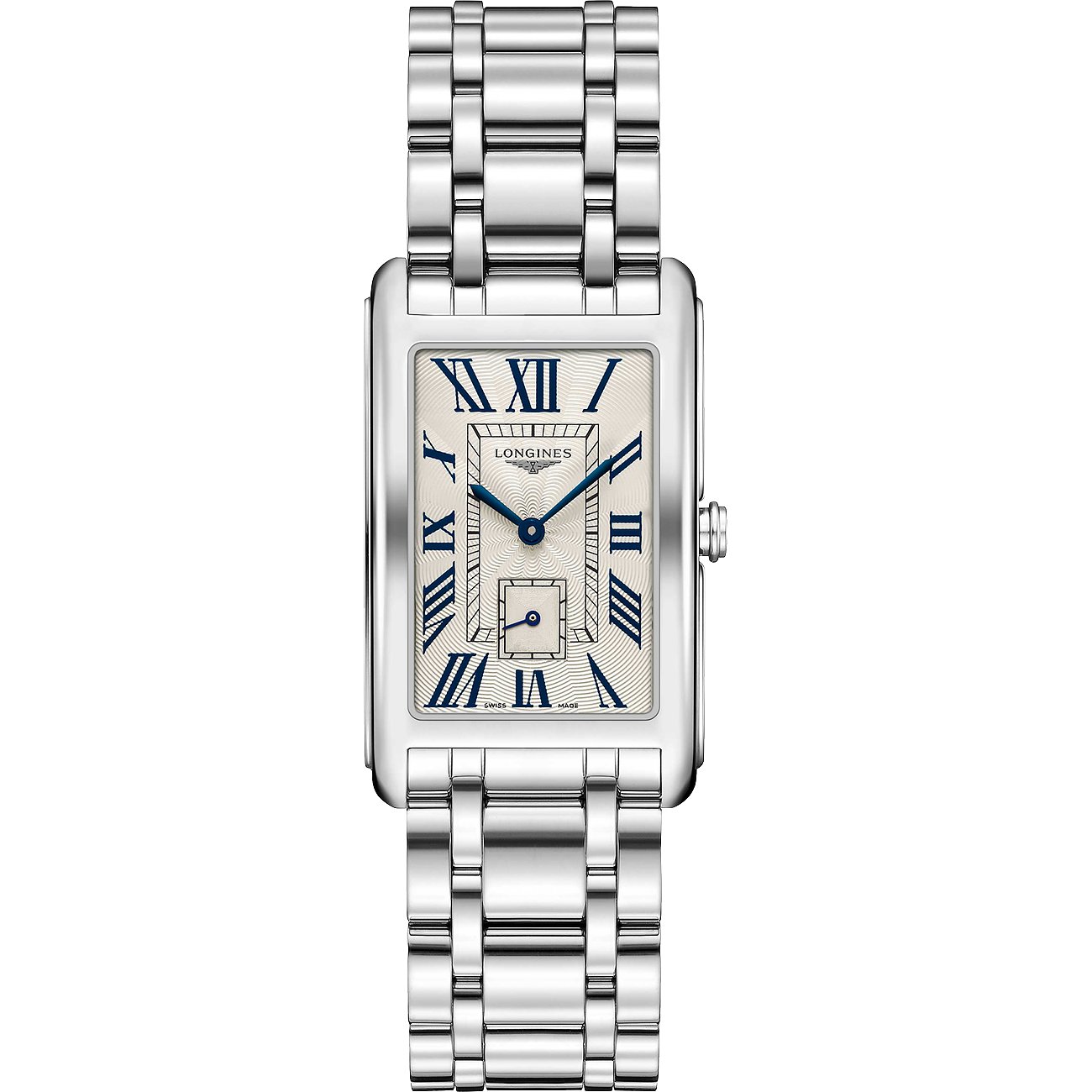 Longines Herrenuhr aus blauem und weißem Edelstahl, die römische Ziffern und ein rechteckiges Zifferblatt zeigt.