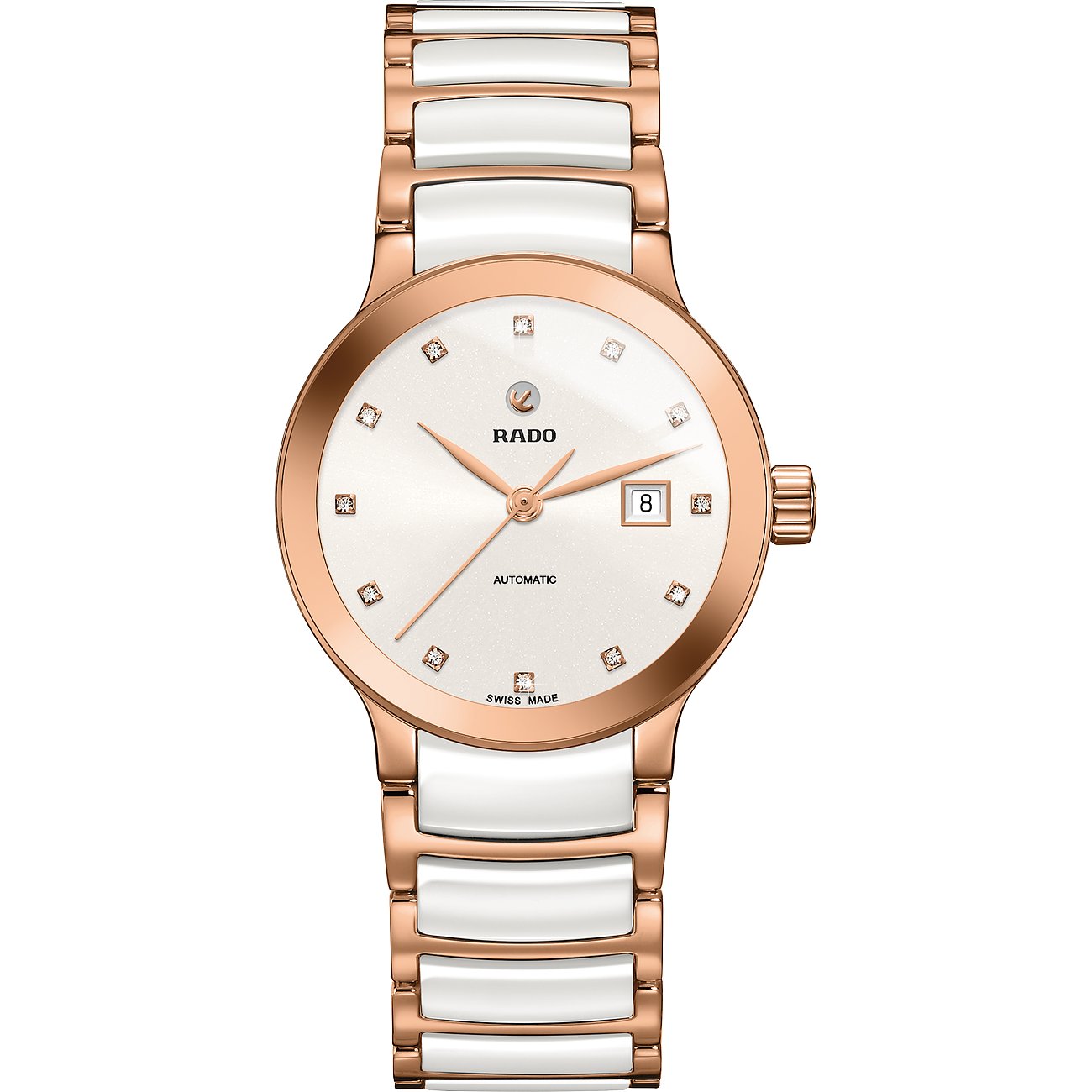 Rado Damenuhr aus roségoldfarbenem Edelstahl und weißer Keramik mit Diamanten auf dem Zifferblatt, frontal.