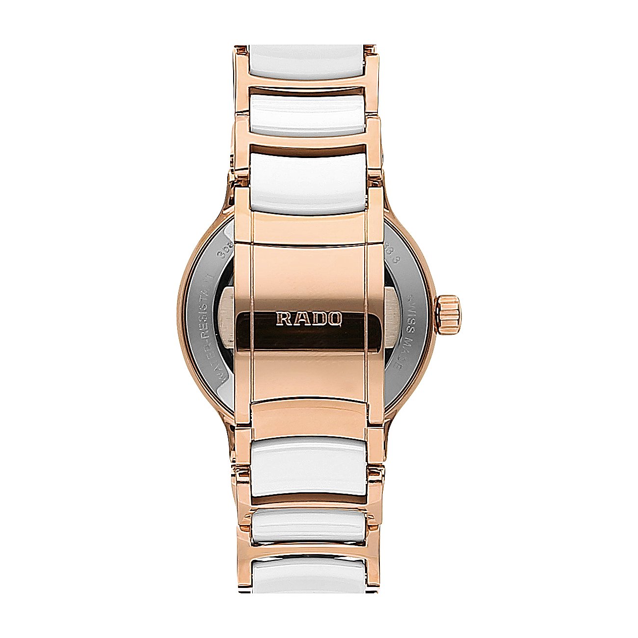 Rado Damenuhr aus roségoldfarbenem Edelstahl und weißer Keramik, Rückansicht mit aufgedrucktem Markenlogo.