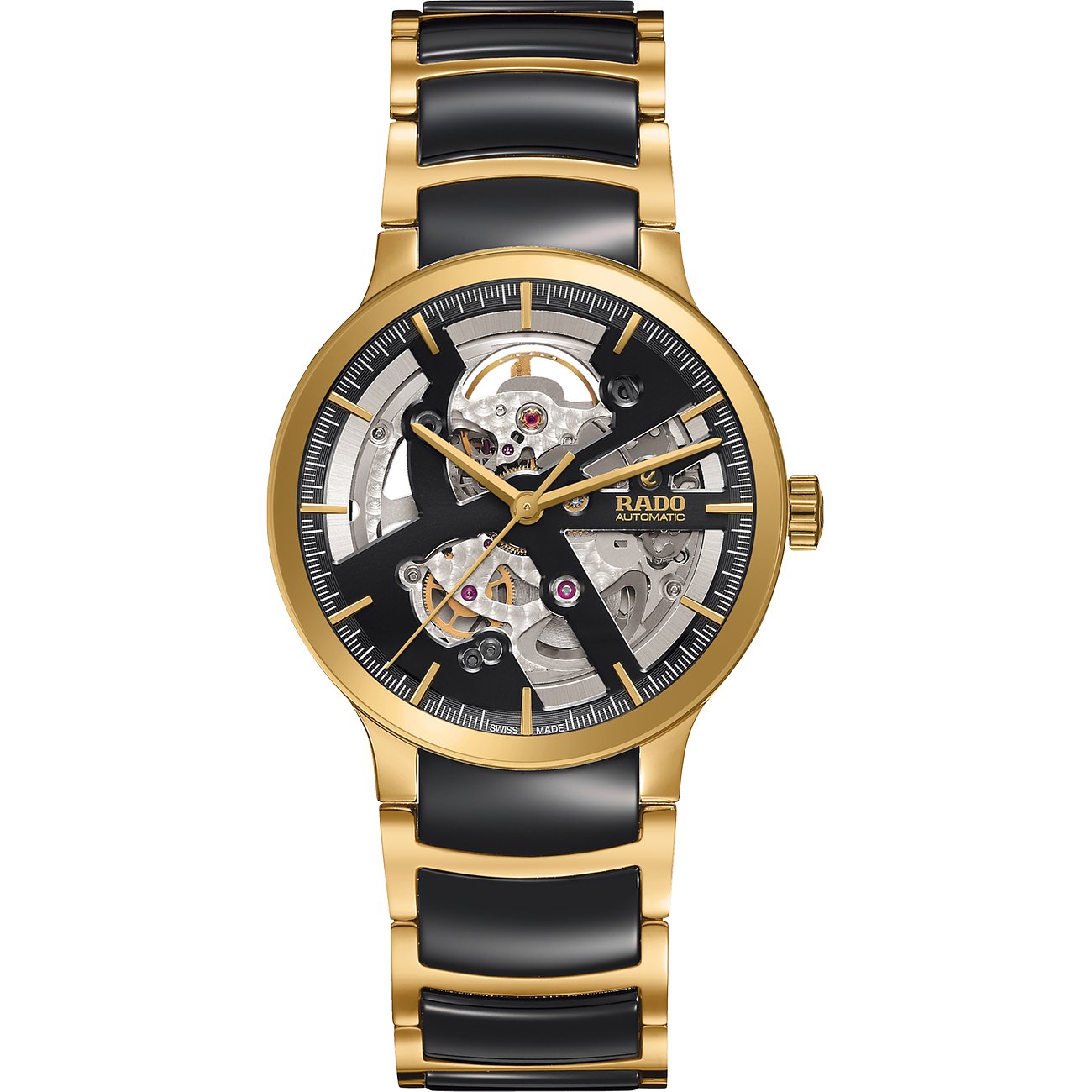 Eine sportliche gelbgoldfarbene Rado Herrenuhr aus Edelstahl mit einem schwarzen Keramik-Gliederarmband.