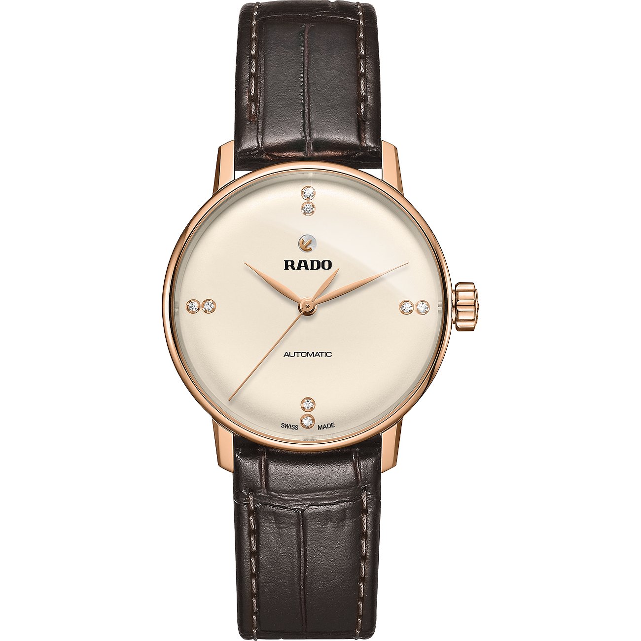 Rado Damenuhr aus roségoldfarbenem Edelstahl mit cremefarbenem Zifferblatt, mit feinen klaren Schmucksteinen besetzt