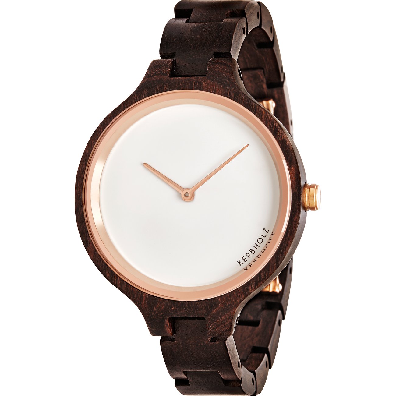 Kerbholz Damenuhr aus dunklem Holz und roségoldfarbenem Edelstahl mit weißem Zifferblatt und schlanken Zeigern.
