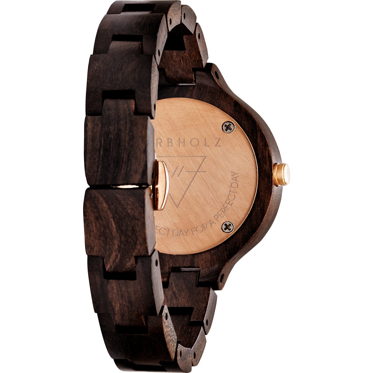 Rückansicht der Kerbholz Damenuhr mit dunklem Holzarmband und Gehäuseboden aus roségoldenem Edelstahl.