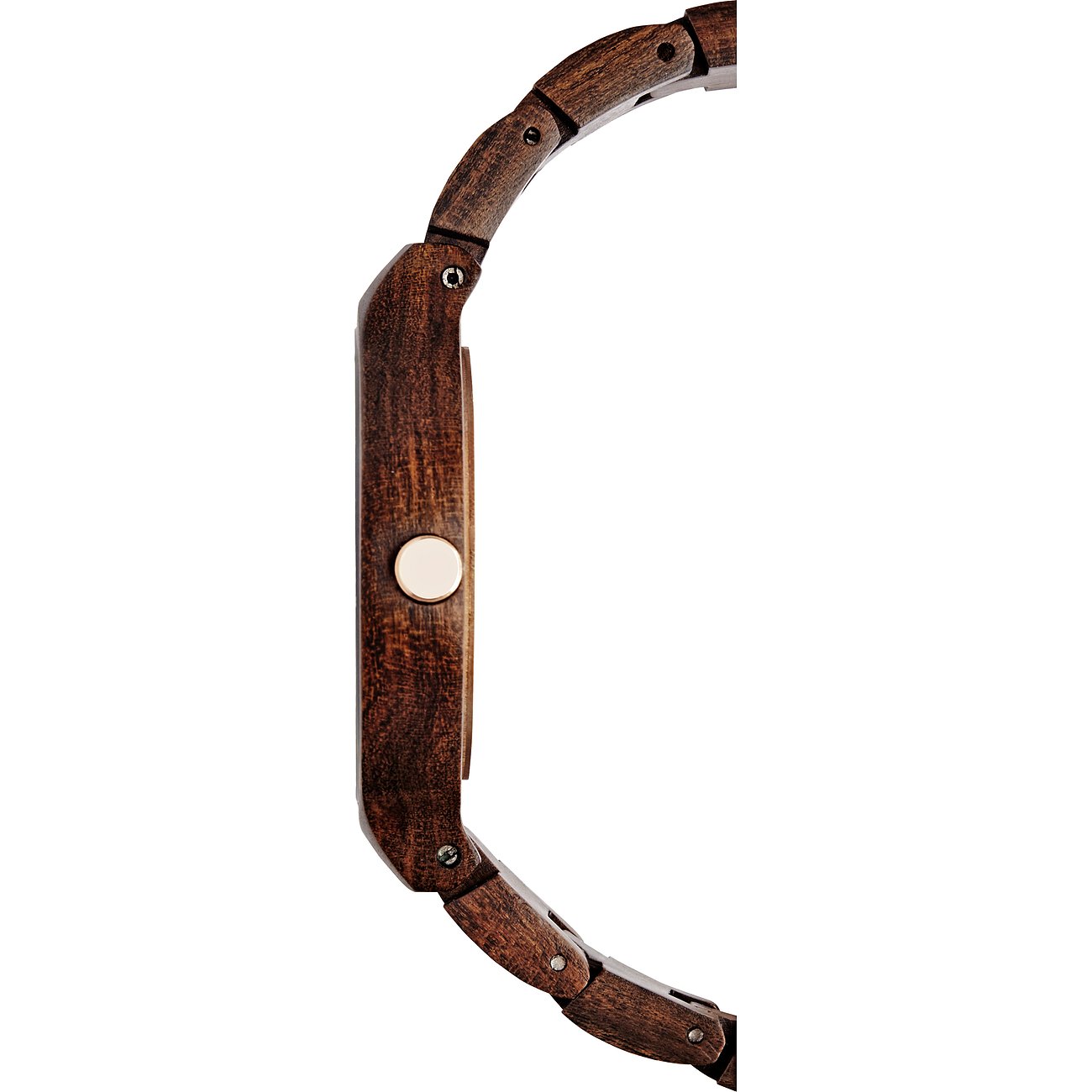 Seitenansicht einer Kerbholz Damenuhr aus dunklem Holz mit einem runden Ziffernblatt und einem schimmernd silbernen Knopf.