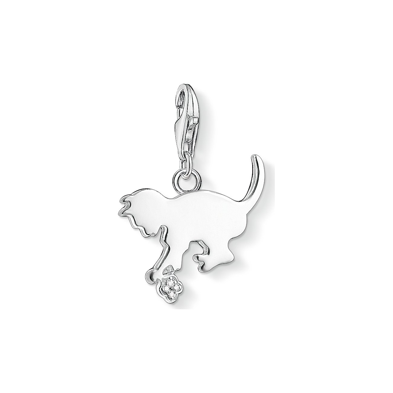 Thomas Sabo Katzen-Charm aus 925er Silber mit vier Diamanten auf einem Kleeblatt-Design, seitlich abgebildet.