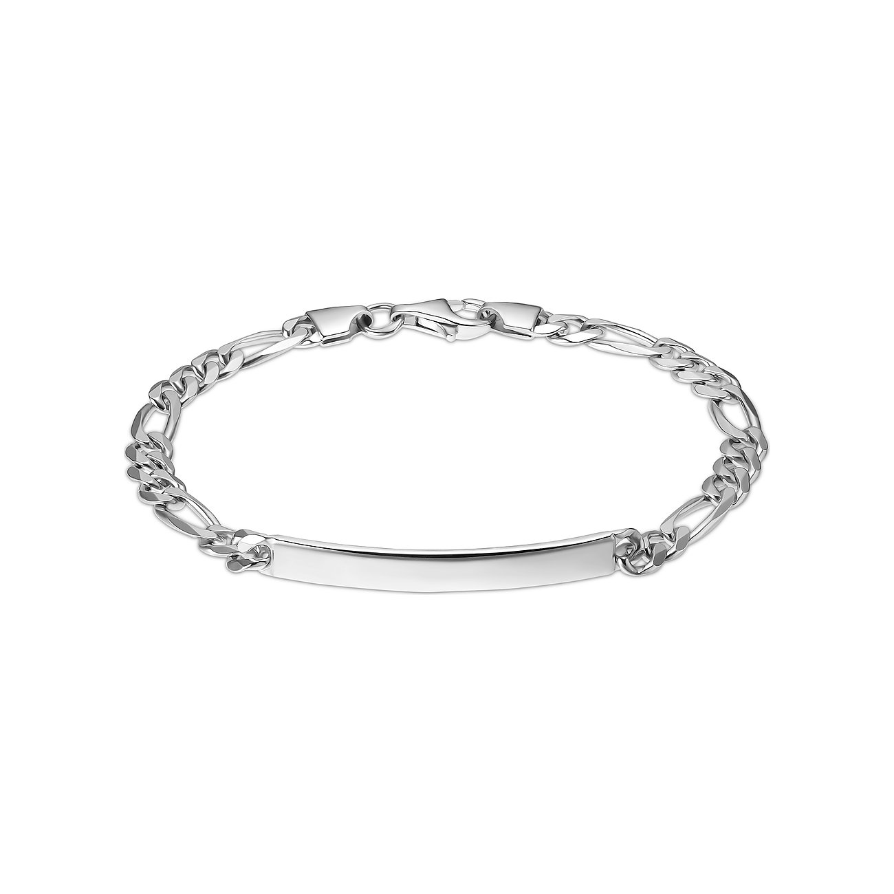 FAVS 925er Silberarmband mit Figarokette und glänzender Gravurplatte, Verschluss sichtbar.