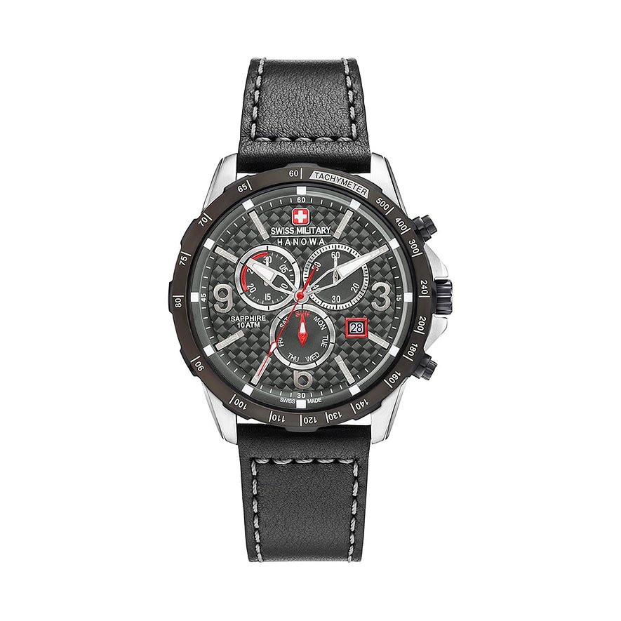 Swiss Military Hanowa Herrenuhr aus Edelstahl mit dunklem Lederband und schwarzem Zifferblatt.