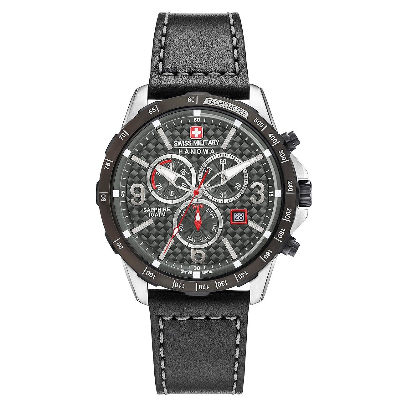 Swiss Military Hanowa Herrenuhr aus Edelstahl mit dunklem Lederband und schwarzem Zifferblatt.