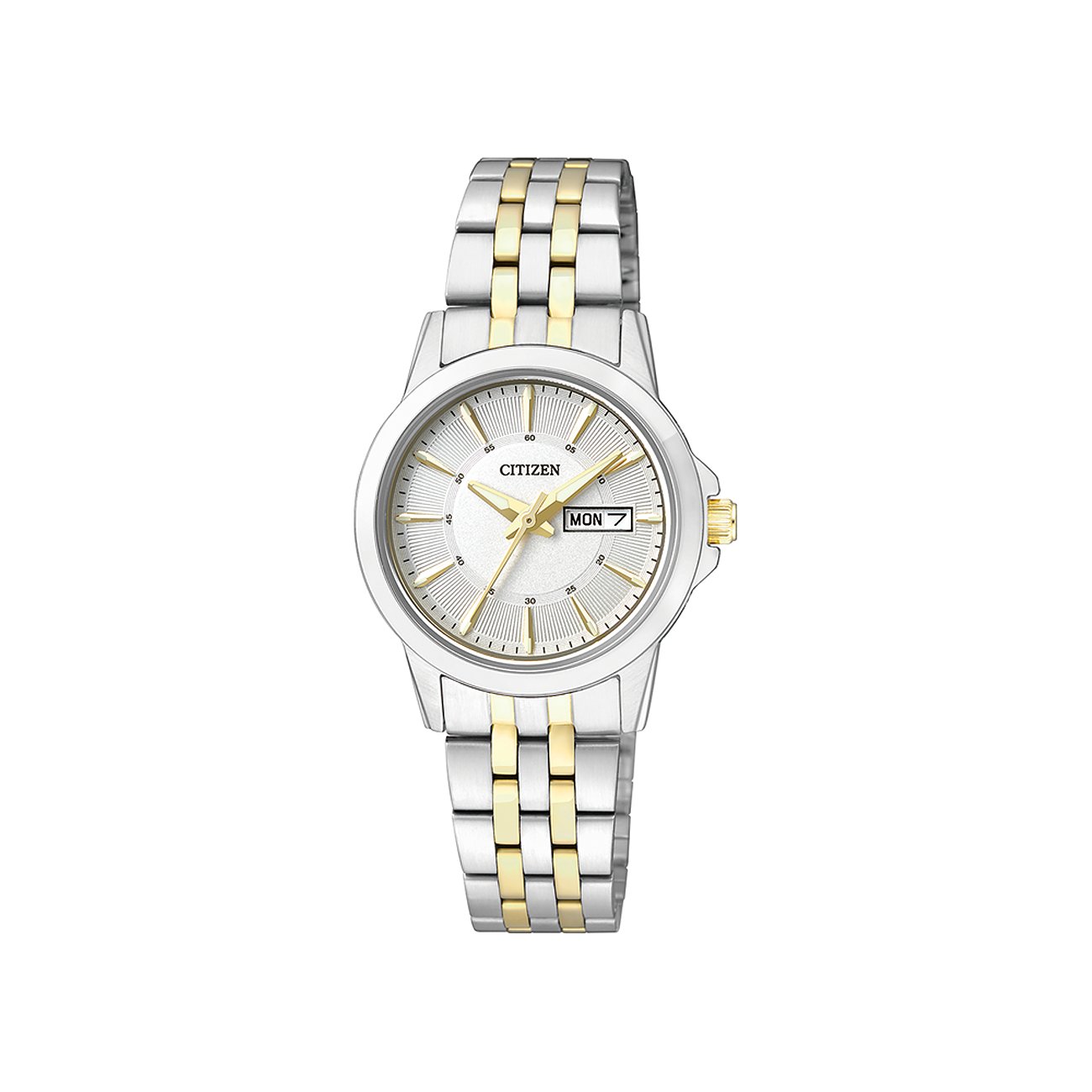 Citizen Damenuhr aus Edelstahl mit silber-goldenem Armband und weißem Zifferblatt, mit Tages- und Datumsanzeige.