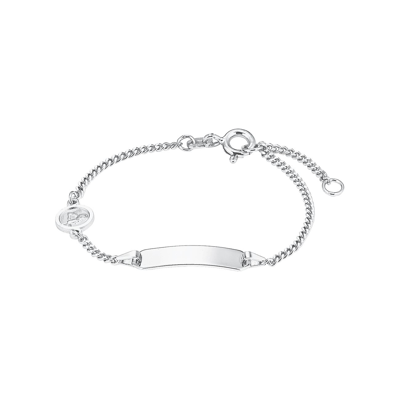 FAVS 925er Silberarmband mit Namensschild und kleinem Medaillon, mittig vor weißem Hintergrund.