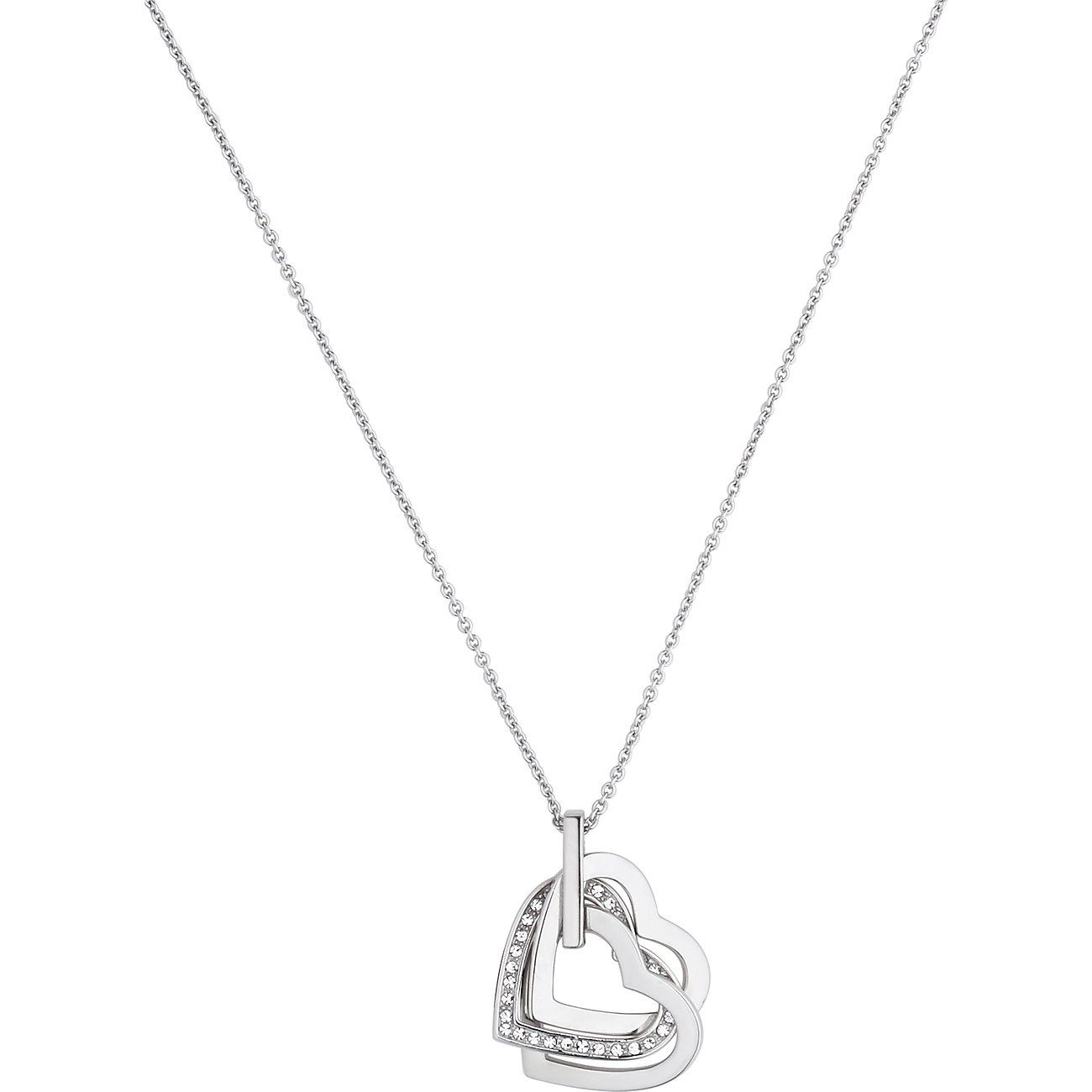 JETTE necklace: rhodium-plated 925 silver pendant with two intertwined hearts, one adorned with crystal stones.