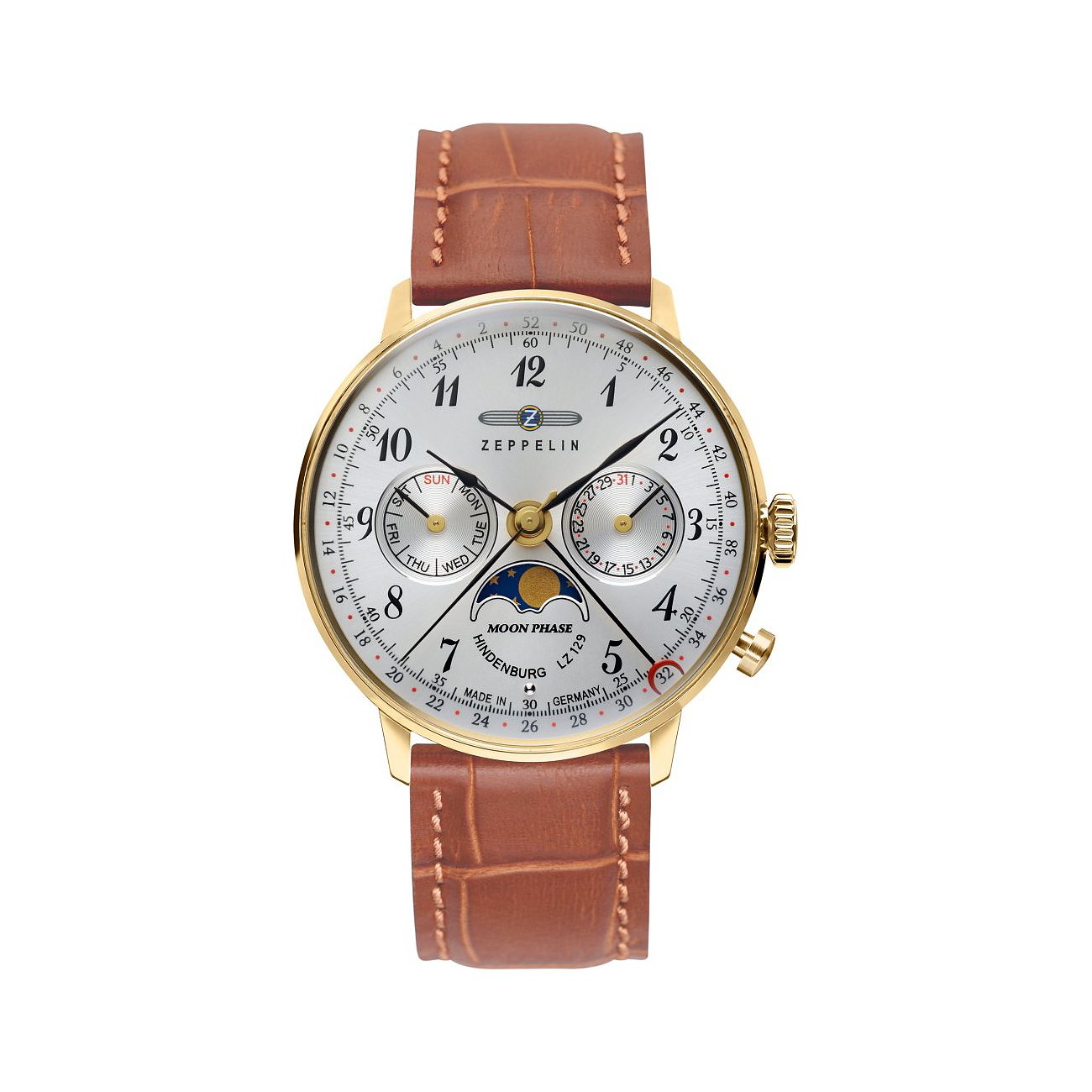 Zeppelin Damenuhr mit Edelstahlgehäuse, analog, mit Mondphasenanzeige und braunem Lederarmband.