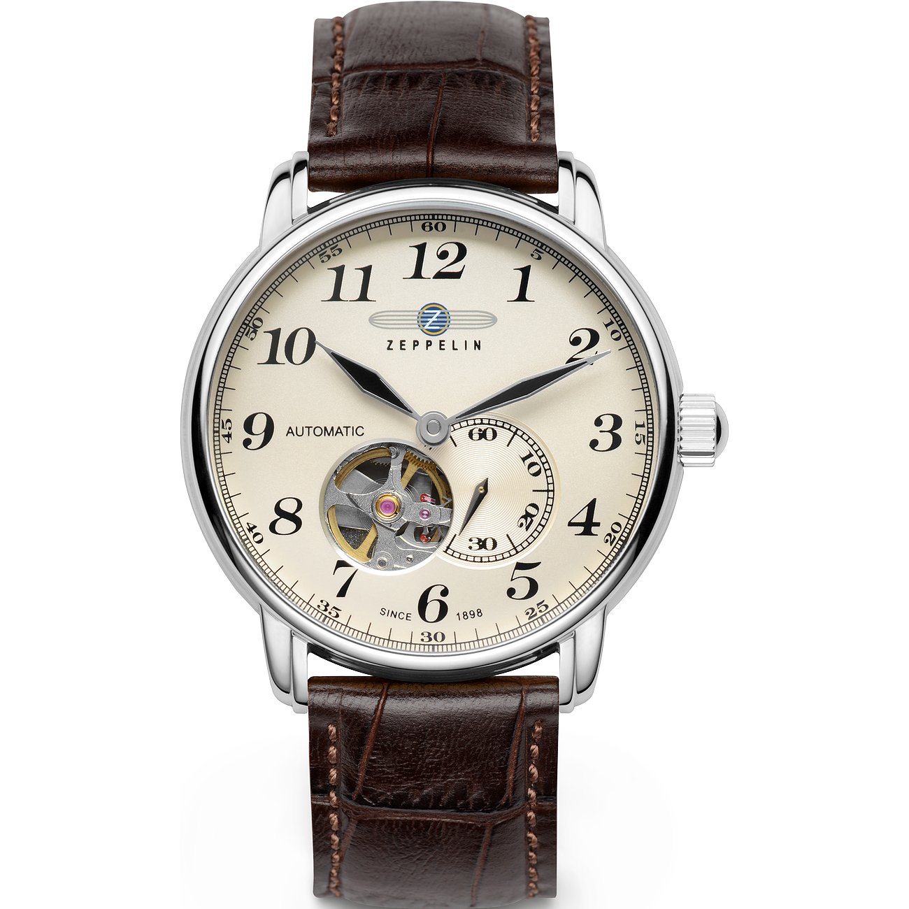 Zeppelin Herrenuhr mit Edelstahlgehäuse, Automatikwerk und braunem Lederarmband.