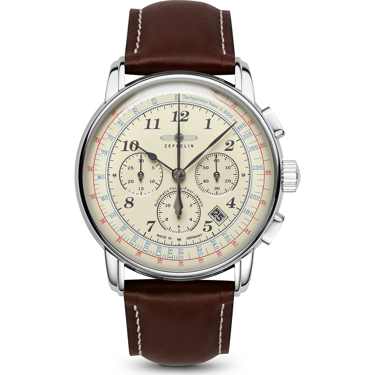 Die Zeppelin Herrenuhr aus Edelstahl und braunem Leder, mit einem beigefarbenen Zifferblatt, von oben.