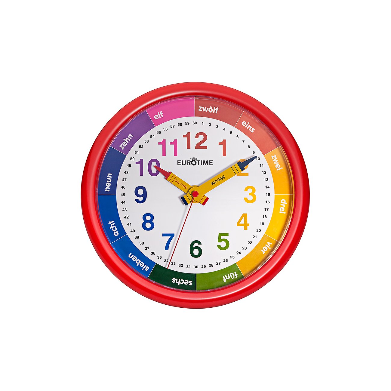 Horloge d'apprentissage colorée rouge de Sonstige Großuhren, en plastique et verre, avec aiguilles en forme de crayon.