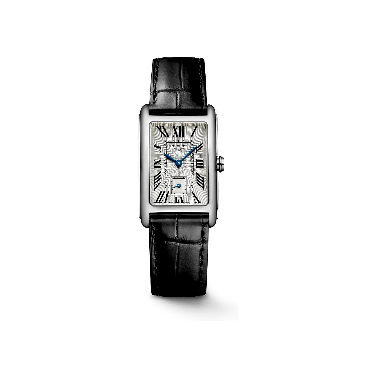 Longines Damenuhr mit Edelstahlgehäuse, silberfarbenes Zifferblatt, römische Ziffern.