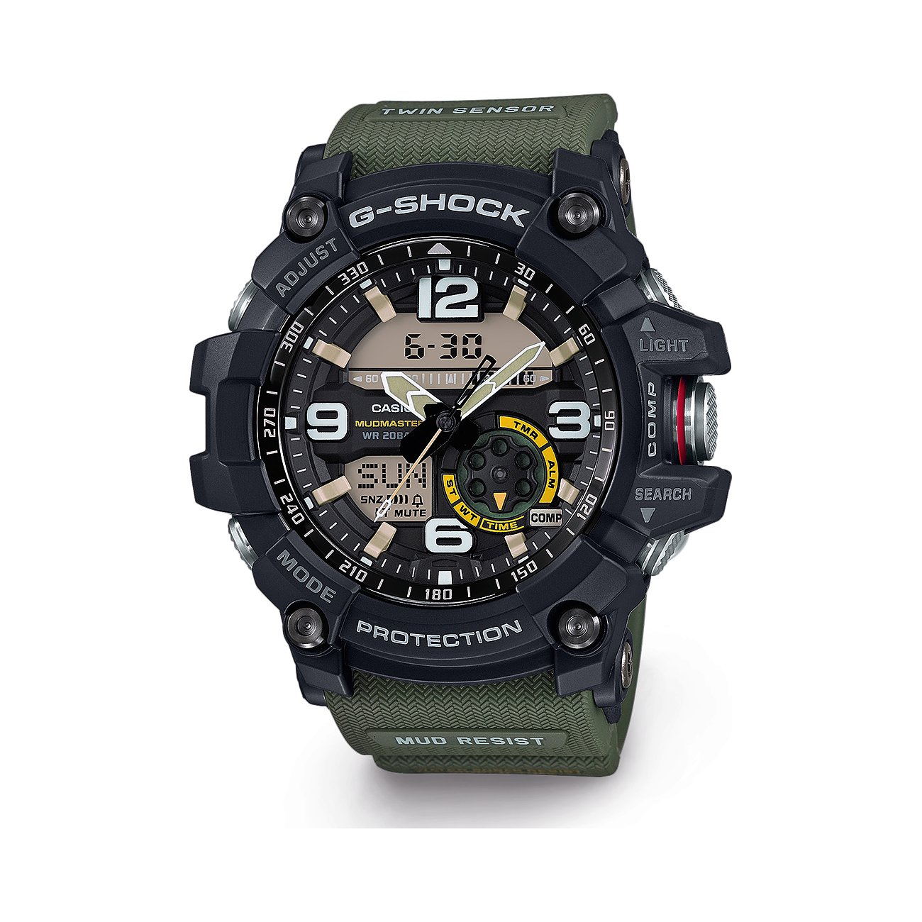 Casio Herrenuhr G-Shock Mudmaster aus Resin, schwarzes Gehäuse mit olivegrünem Armband, digitale und analoge Anzeige.