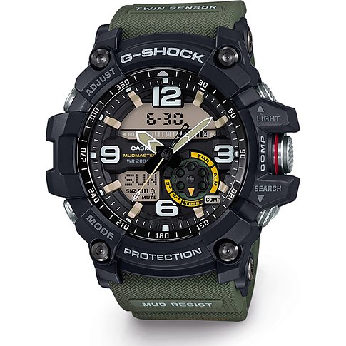 Casio Herrenuhr G-Shock Mudmaster aus Resin, schwarzes Gehäuse mit olivegrünem Armband, digitale und analoge Anzeige.