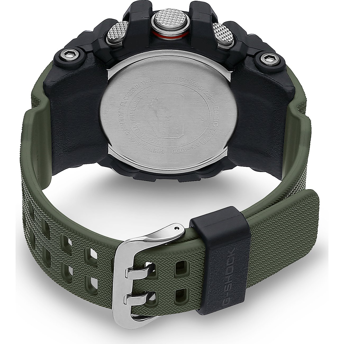 Rückansicht der Casio Herrenuhr aus Resin in Olivgrün mit runder, silberner Gehäuseunterseite.