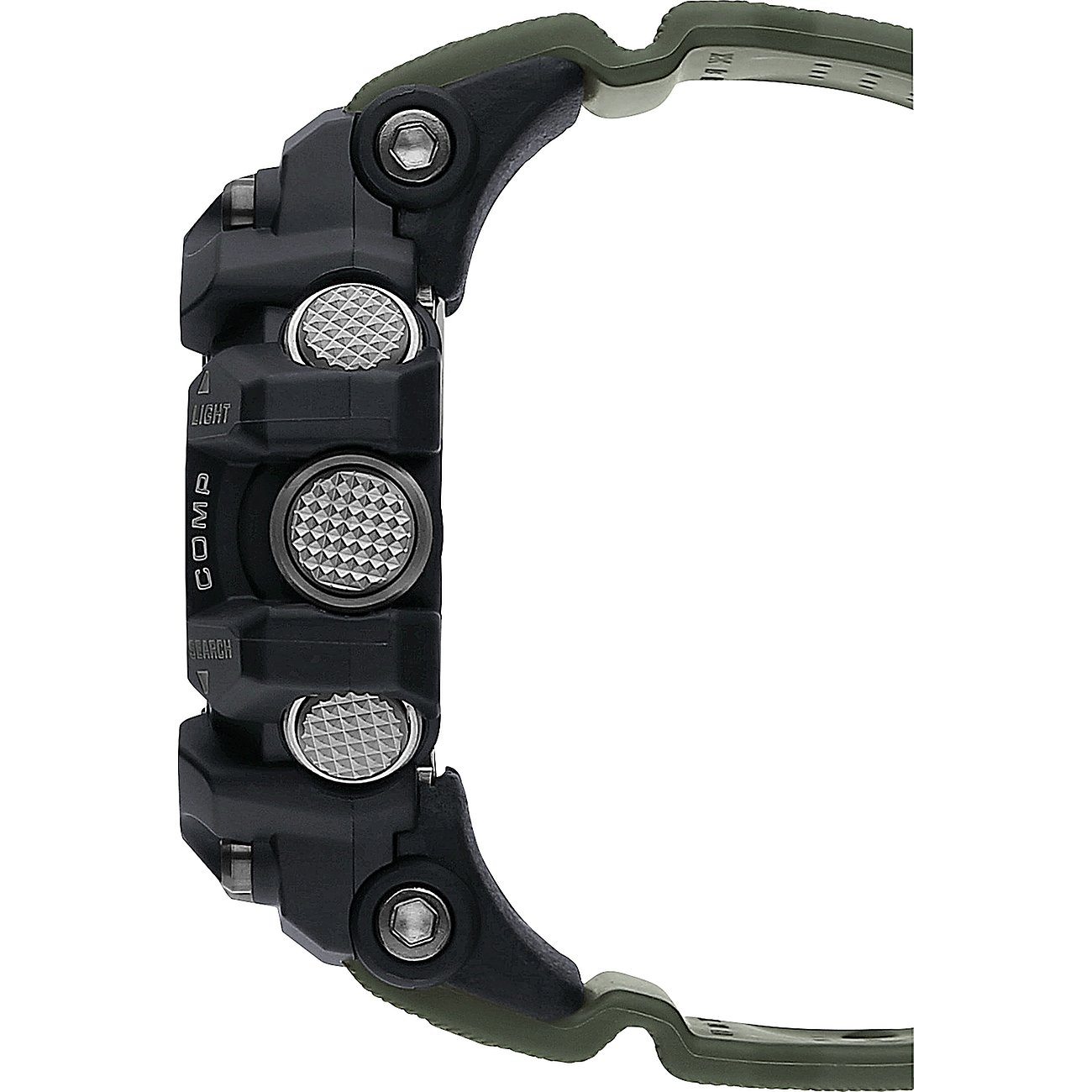 Seitenansicht einer schwarzen Casio Herrenuhr aus Resin mit olivegrünem Armband, drei silbernen Knöpfen.