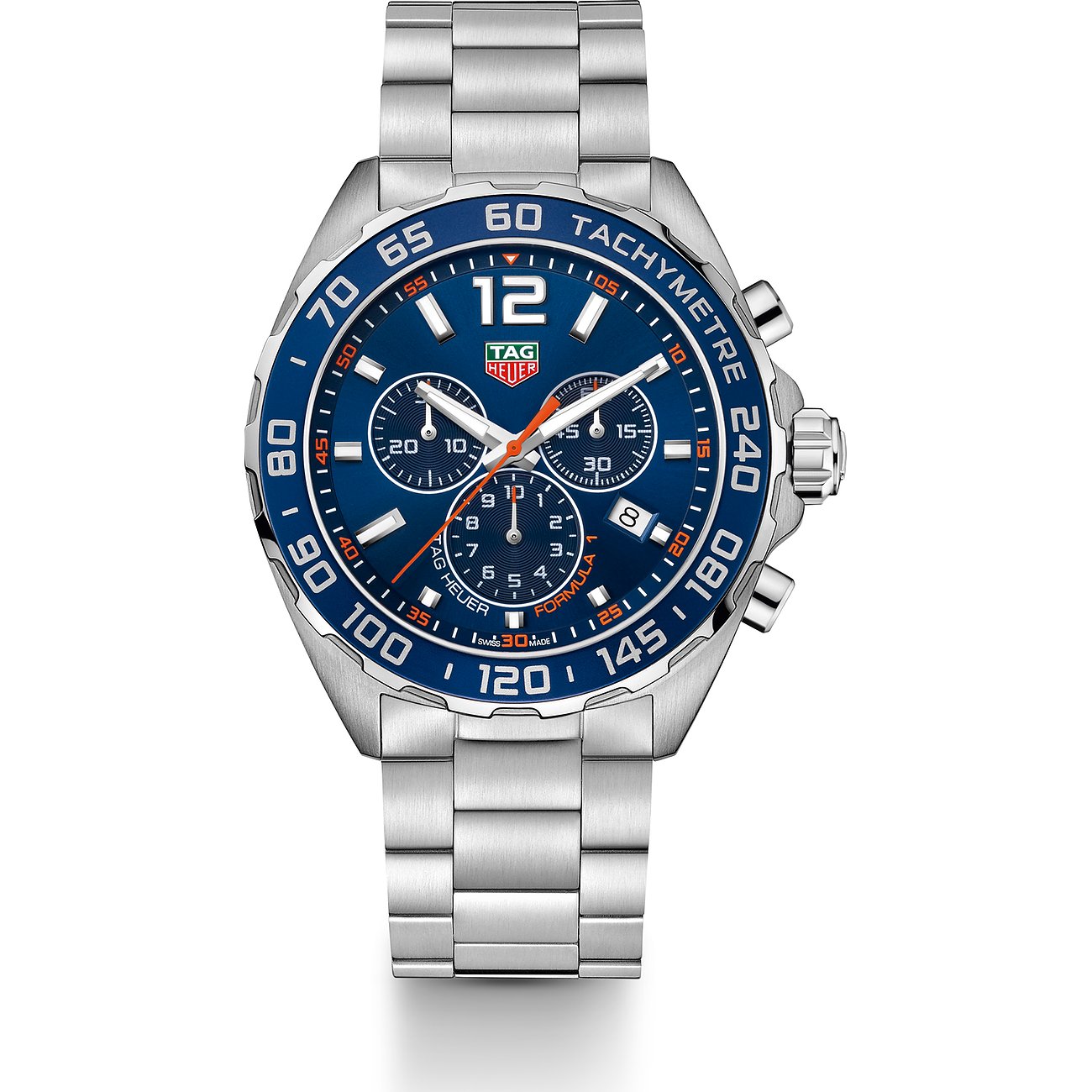 TAG Heuer Herrenuhr mit Edelstahlgehäuse, blauem Zifferblatt und Tachymeter.