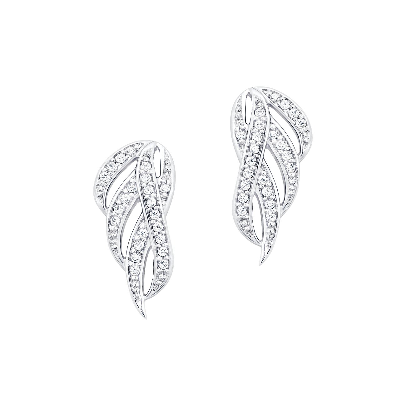 FAVS Ohrschmuck aus Silber 925, verziert mit funkelnden Zirkonia-Steinen in geschwungener Form auf weißem Hintergrund.