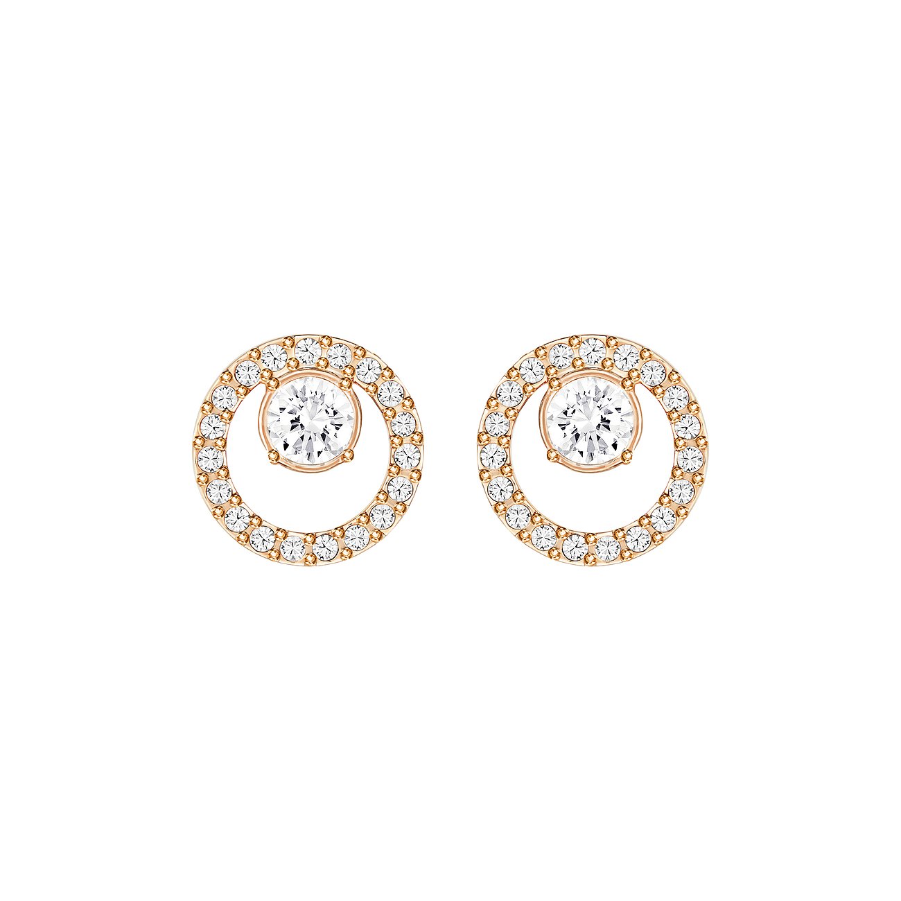 Roségoldfarbene Swarovski Ohrstecker: runde, klare Farbsteine, größerer Mittelstein.