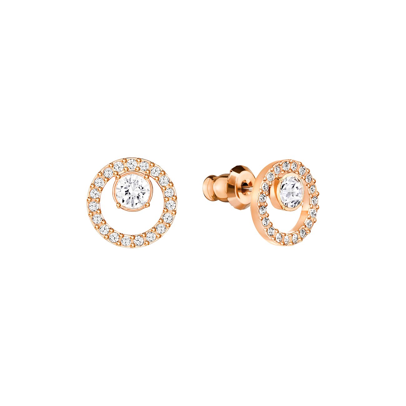 Zwei stilvolle Swarovski Kreis-Ohrstecker aus roségoldfarbenem Metall mit funkelnden Swarovski Kristallen.