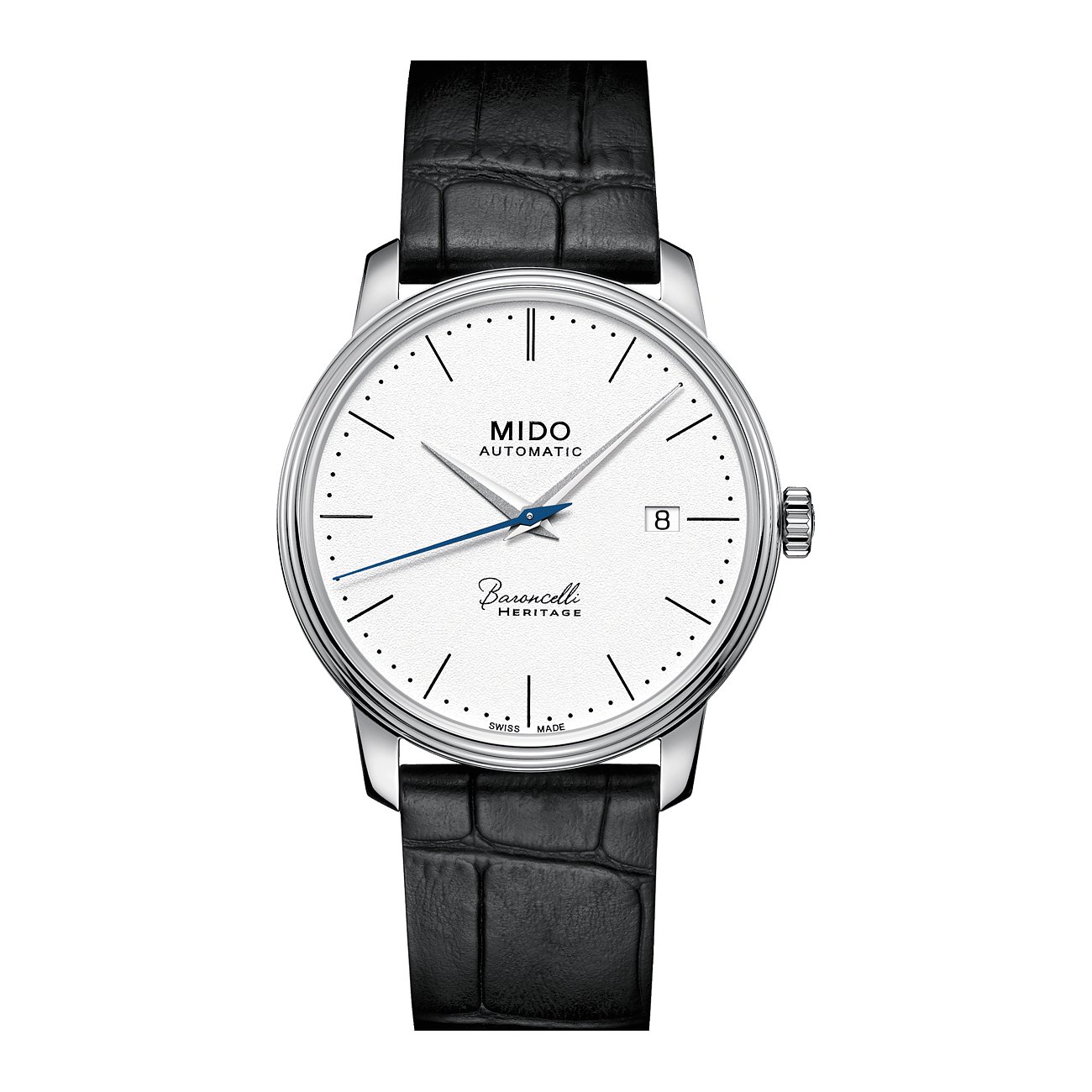 Mido Herrenuhr mit Edelstahlgehäuse, weißem Zifferblatt und schwarzem Lederarmband.