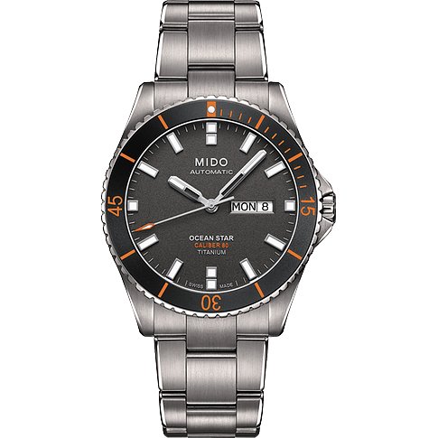 Mido Herrenuhr mit Titangehäuse, dunkelgrauem Zifferblatt und orangefarbenen Akzenten.