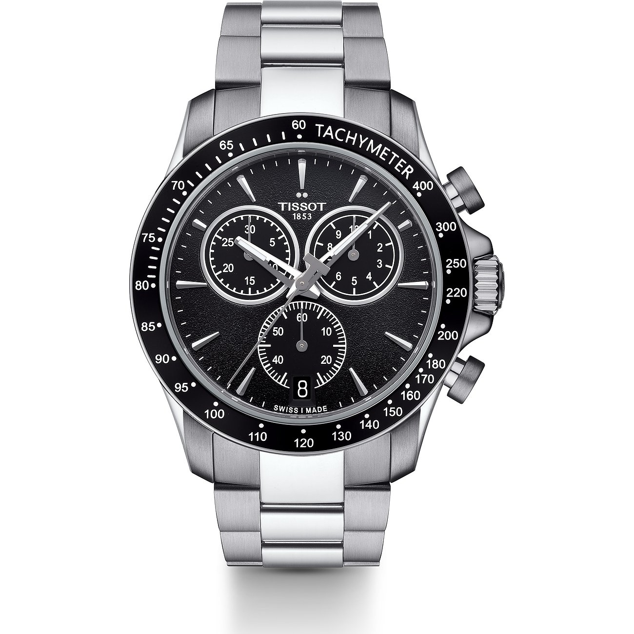 Tissot Herrenuhr aus Edelstahl mit Tachymeter, schwarzem Zifferblatt und drei Hilfszifferblättern.