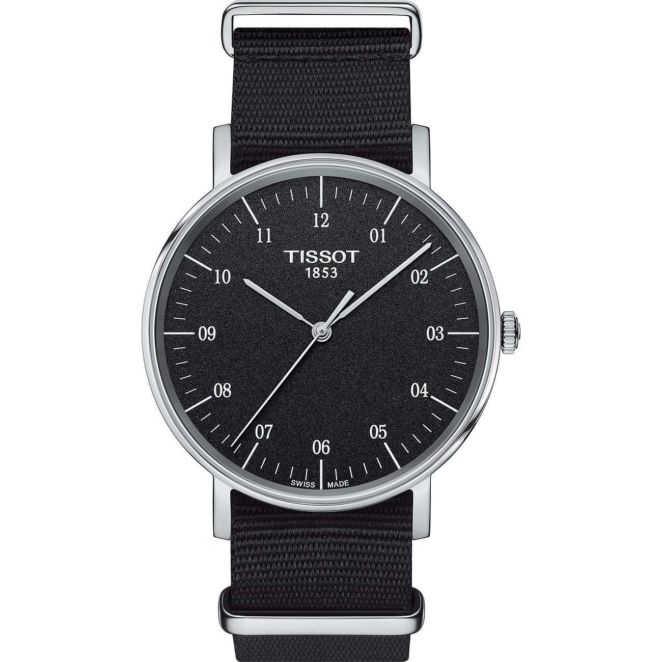 Tissot Herrenuhr aus Edelstahl mit schwarzem Zifferblatt und schwarzem Textilarmband.
