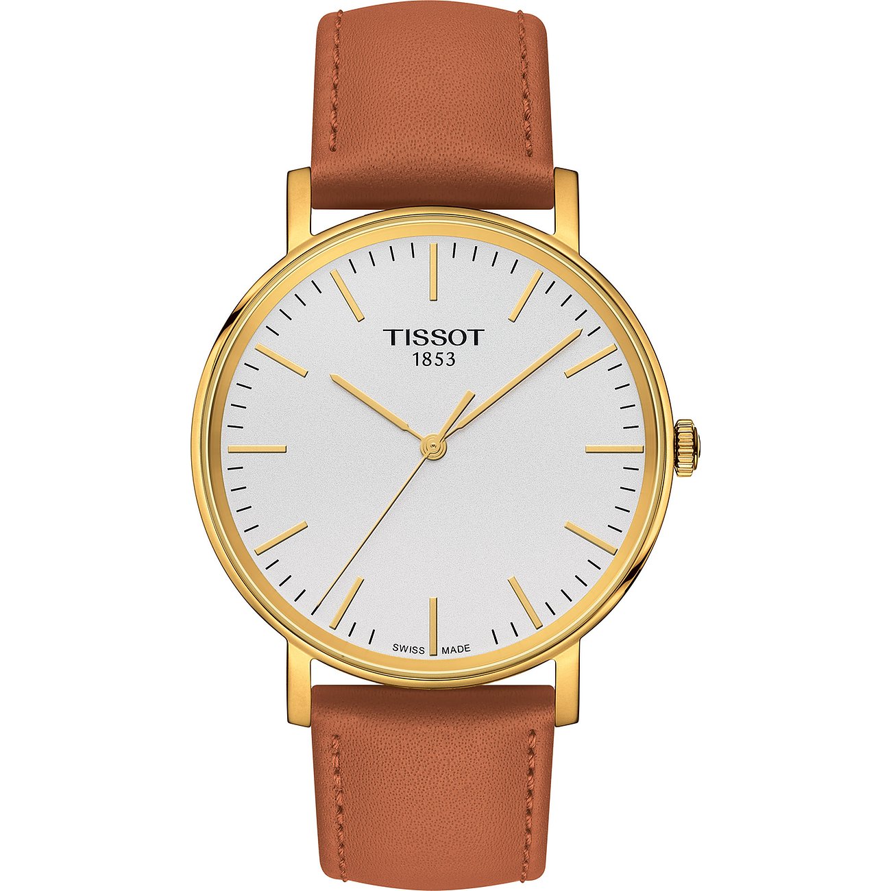 Tissot Herrenuhr mit weißem Zifferblatt und goldenem Gehäuse. Das Zifferblatt zeigt goldene Zeiger und Indexe
