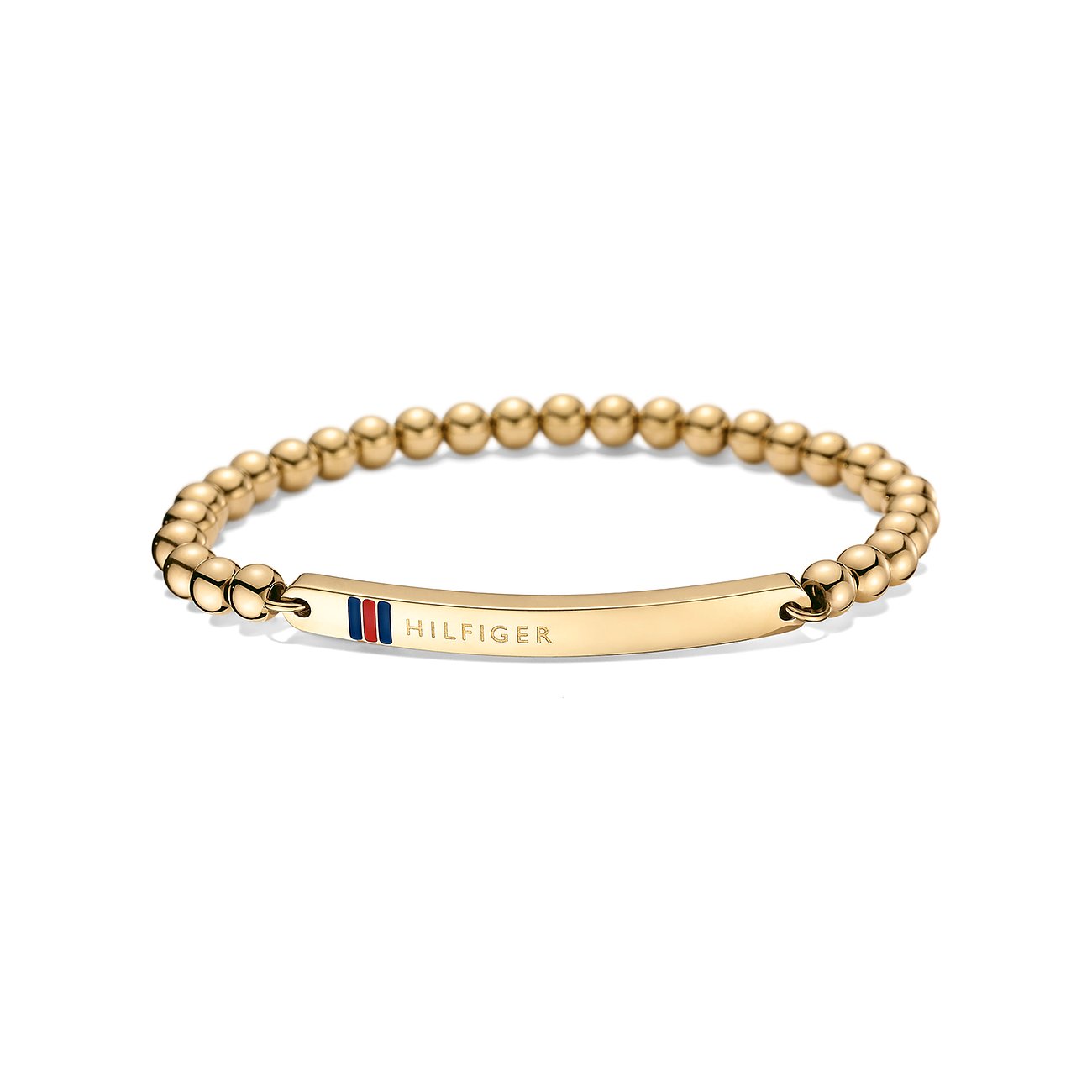 Tommy Hilfiger Armschmuck aus gelbgoldenem Edelstahl, bestehend aus goldenen Perlen und einer gravierten Plakette.