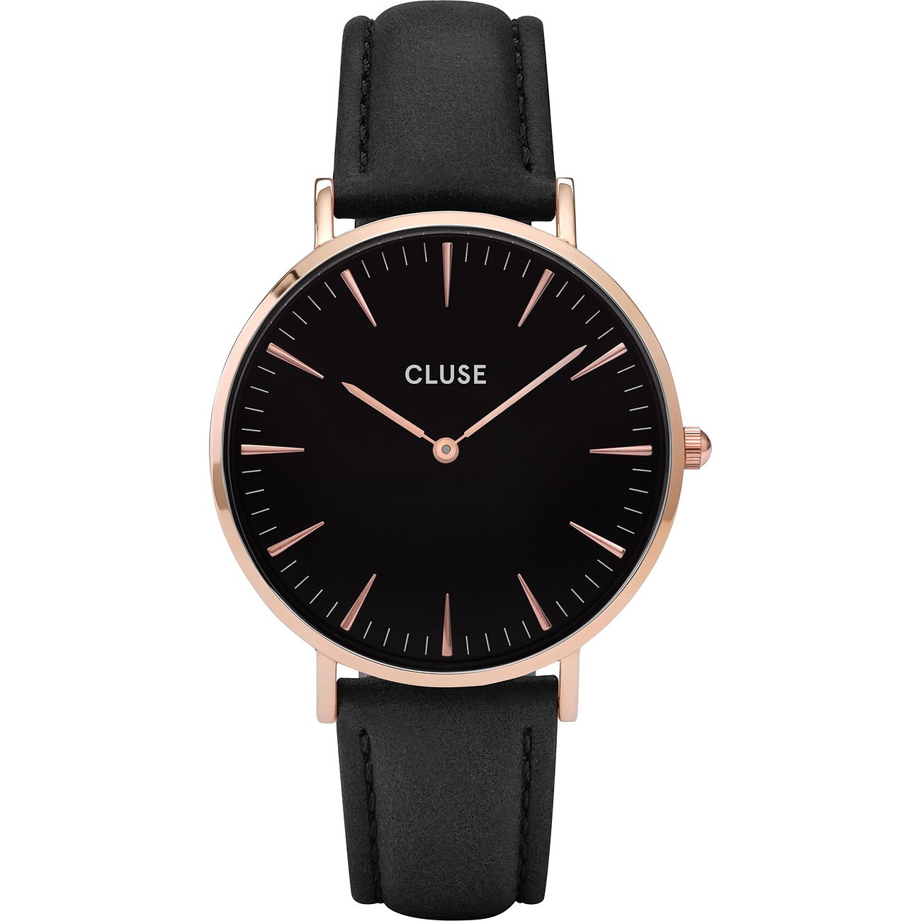 Cluse Damenuhr aus Messing mit schwarzem Zifferblatt, roségoldenem Gehäuse und schwarzem Armband.