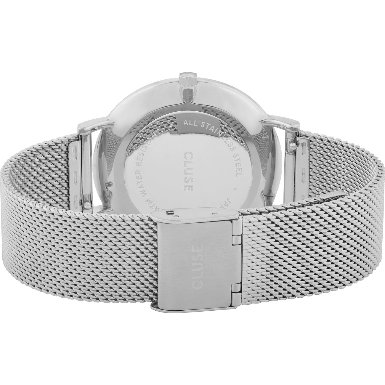 Rückansicht einer silberfarbenen Cluse Damenuhr aus Messing mit Milanese-Armband und Logo auf der Schließe.