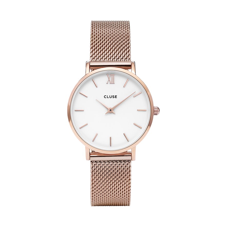 Cluse Damenuhr aus rosegoldfarbenem Messing mit weißem Zifferblatt und feingliedrigem Mesh-Armband.