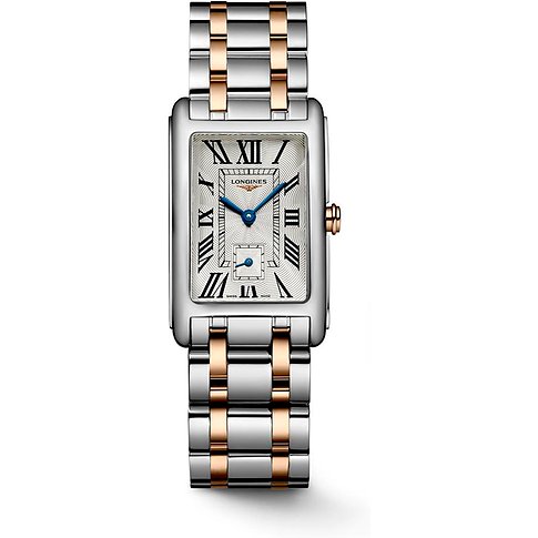 Longines Damenuhr mit Edelstahlgehäuse, bicolor, analog mit römischen Ziffern.