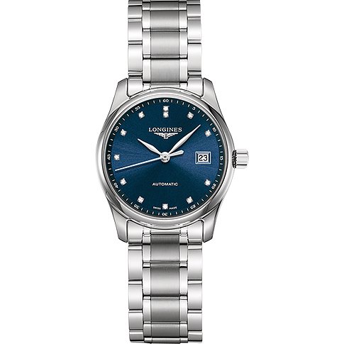 Longines Damenuhr mit Edelstahlgehäuse, blauem Zifferblatt und Diamanten.