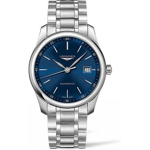Longines Herrenuhr mit Edelstahlgehäuse, blauem Zifferblatt und Datumsanzeige.