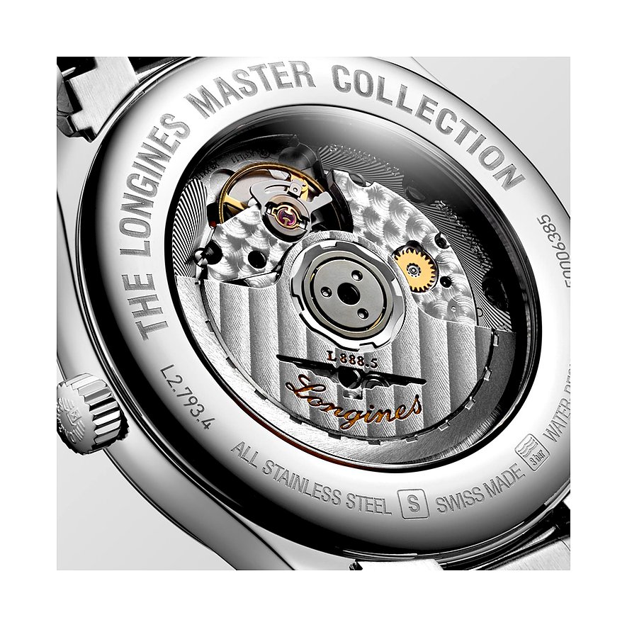 Longines Herrenuhr mit Edelstahlgehäuse und sichtbarem Automatikwerk.