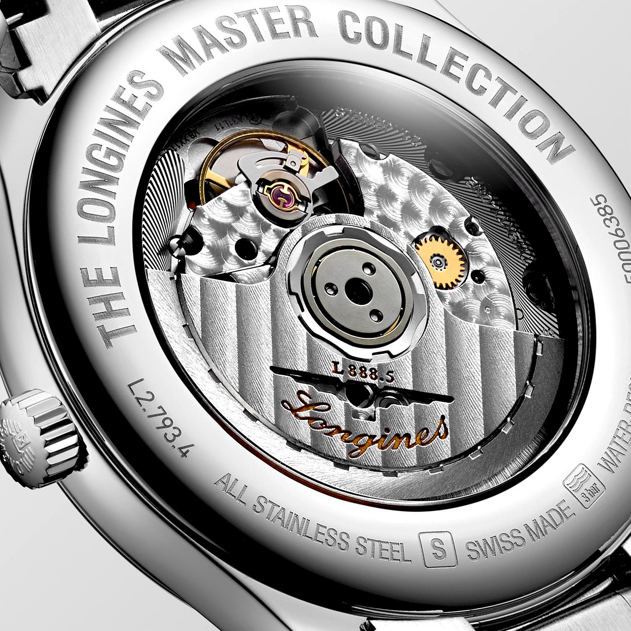 Longines Herrenuhr mit Edelstahlgehäuse und sichtbarem Automatikwerk.