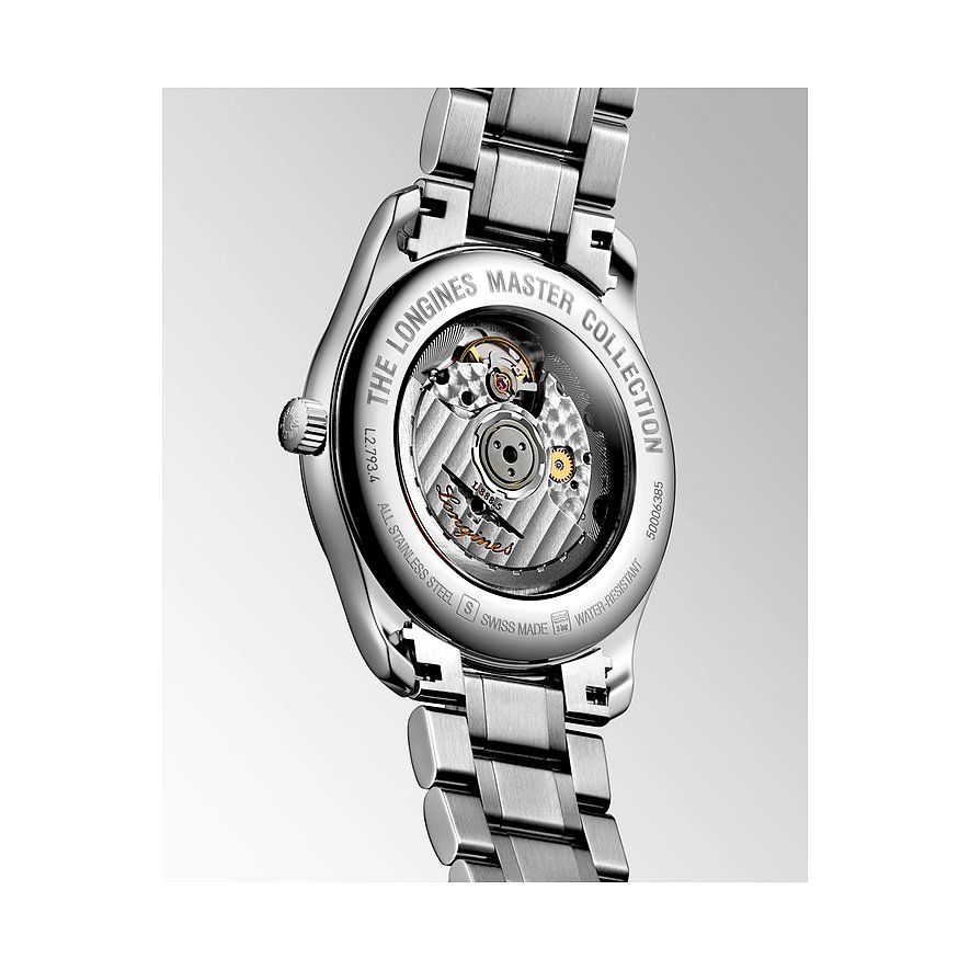 Longines Herrenuhr mit Edelstahlgehäuse und sichtbarem Automatikwerk.