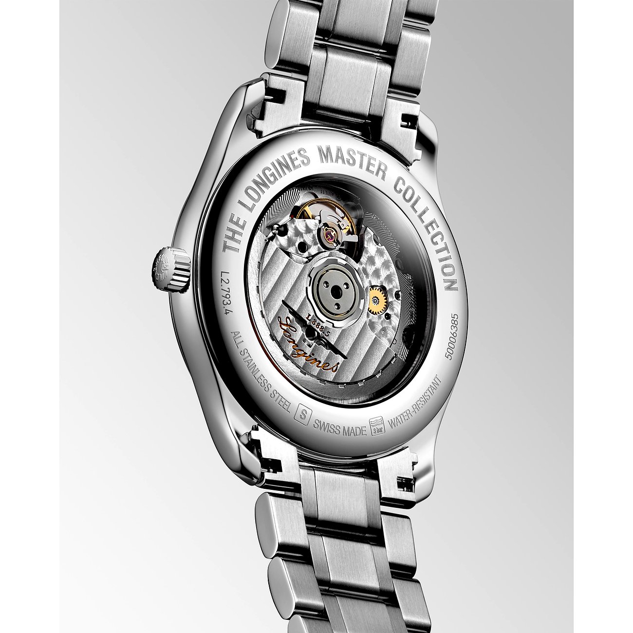 Longines Herrenuhr mit Edelstahlgehäuse und sichtbarem Automatikwerk.