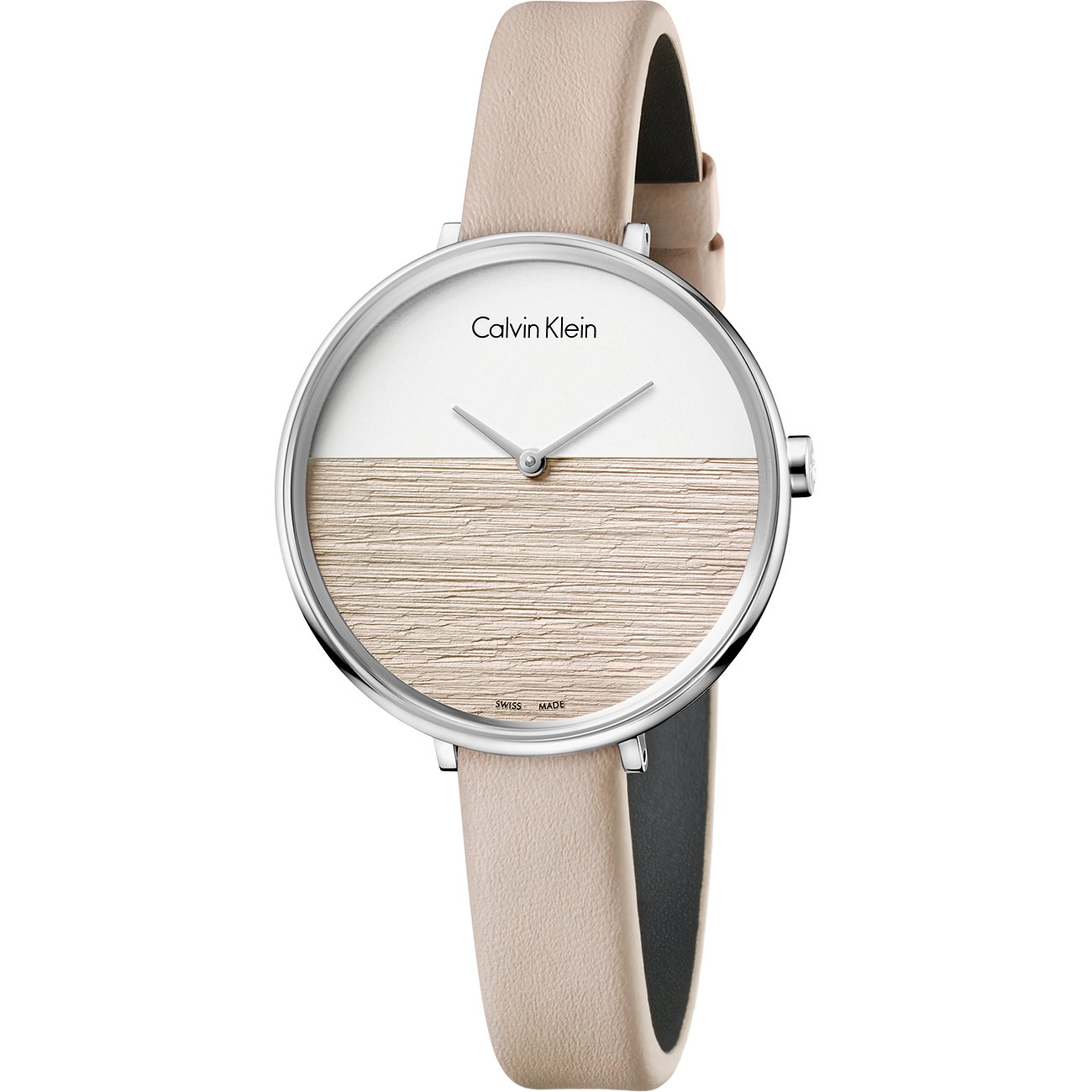 Calvin Klein Damenuhr, Edelstahl, oval, hellbraunes Lederarmband. Halb weißes, halb hellbraunes Zifferblatt, strukturiert.