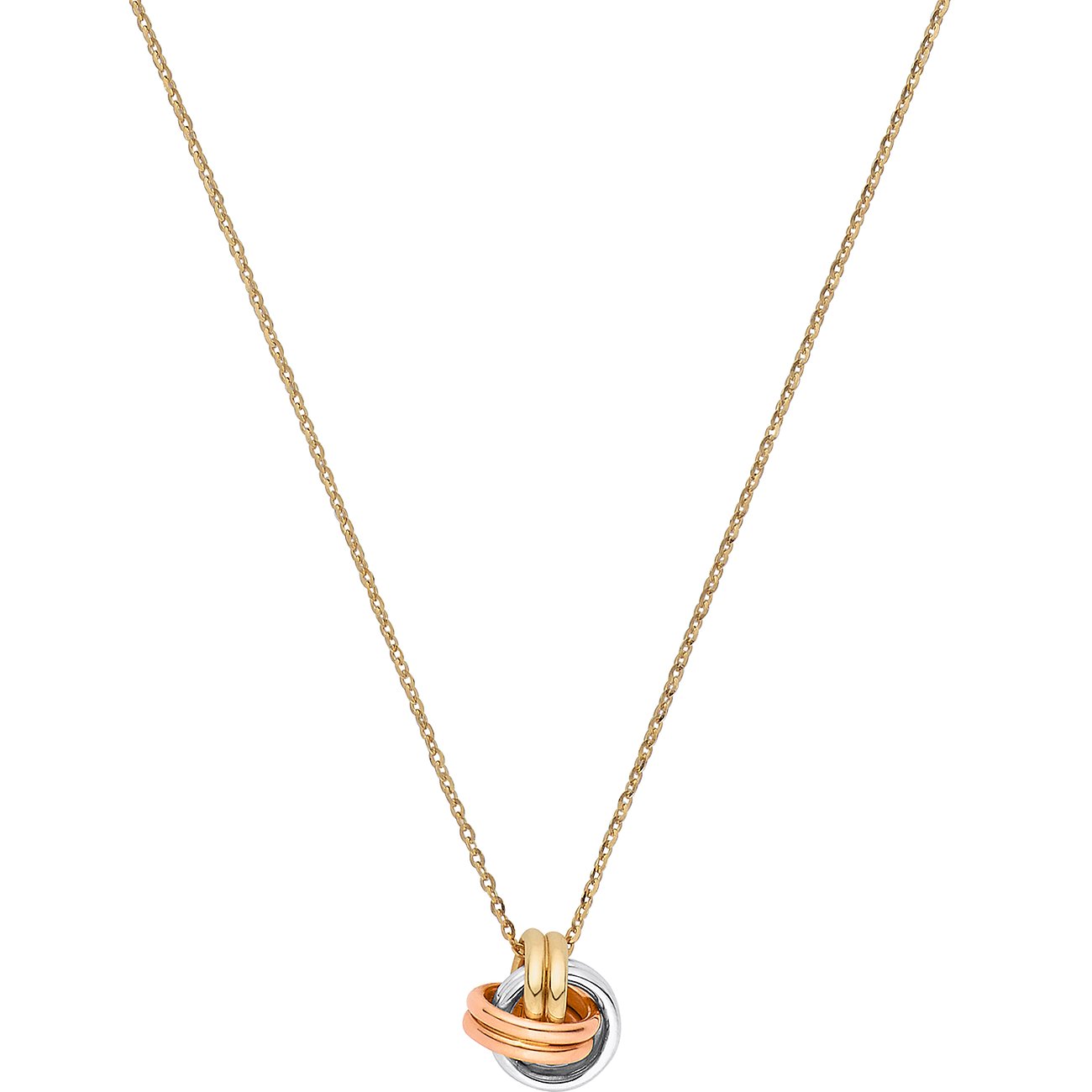 CHRIST Halsschmuck aus Gelb-, Weiß- und Roségold mit drei ineinandergreifenden Ringen als Anhänger.