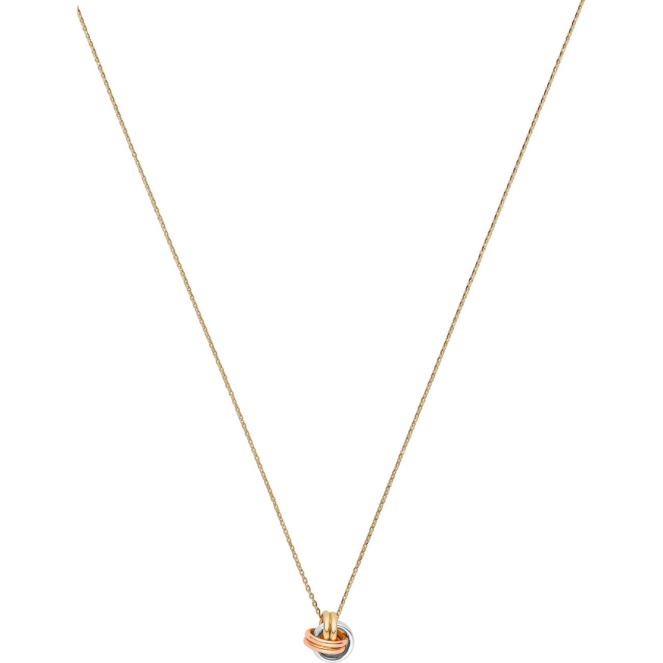 CHRIST Halsschmuck aus Gelbgold mit einem Anhänger aus drei ineinandergreifenden Ringen in Weißgold, Rotgold und Gelbgold.