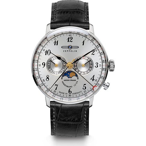 Zeppelin Herrenuhr mit Edelstahlgehäuse, analog, mit Mondphase und Datumsanzeige.